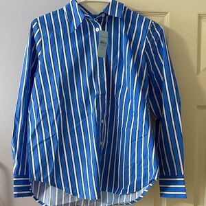 Ann Taylor Blue and White Striped Blouse size small petite maritime blue